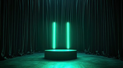 Poster - A futuristic stage podium radiating vivid neon green light, standing out against deep black curtains.
