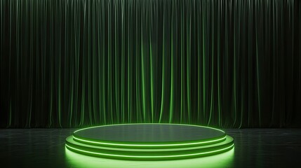 Poster - A futuristic stage podium radiating vivid neon green light, standing out against deep black curtains.