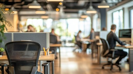 Poster - Inside a modern workspace, individuals are focused on their tasks, collaborating and typing at desks. The atmosphere reflects productivity and teamwork in a bright, inviting setting