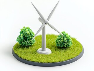 Wall Mural - isometric view of a wind turbine in a green field surrounded by lush shrubs and grass for sustainabl