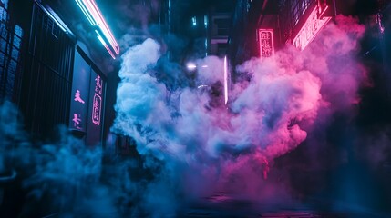 Aufkleber - Dramatic and moody neon lit urban scene with clouds of smoke vibrant glowing lights and a mysterious cinematic atmosphere in a futuristic cyberpunk style city landscape  Abstract