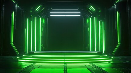 Poster - A sci-fi inspired podium glowing in intense green neon, contrasting with a dark, elegant backdrop.