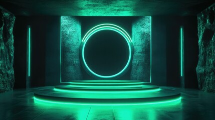 Poster - A sci-fi inspired podium glowing in intense green neon, contrasting with a dark, elegant backdrop.