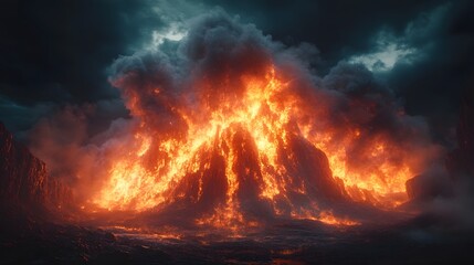 Aufkleber - Dramatic and volcanic eruption with fiery lava bursting forth and thick plumes of billowing smoke creating a chaotic and turbulent spectacle of nature s raw unstoppable power