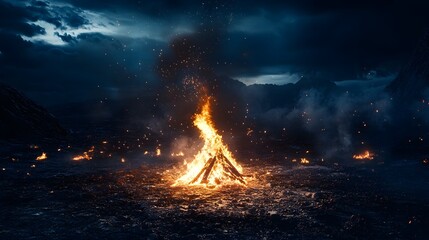 Poster - Dramatic nighttime bonfire erupting in large orange flames and billowing smoke against a dark cloudy sky full of stars  Fiery glow and sparks illuminate the natural landscape in a powerful