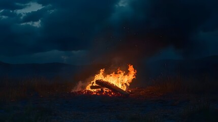 Poster - Dramatic nighttime bonfire flickering amidst a cloudy moody mountain landscape  The dancing flames illuminate the surrounding wilderness creating a captivating and atmospheric scene of adventure and