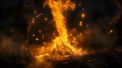 Poster - Dramatic scene of a raging fiery inferno with towering flames and billowing smoke engulfing a rugged wooded landscape under a dark stormy sky  The intense heat and bright