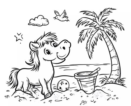 A coloring page of a cute cartoon horse playing on the beach with sand, a small bird flying in the sky, a palm tree, and toys like a ball, bucket, and stars. The image has black lines on a white backg