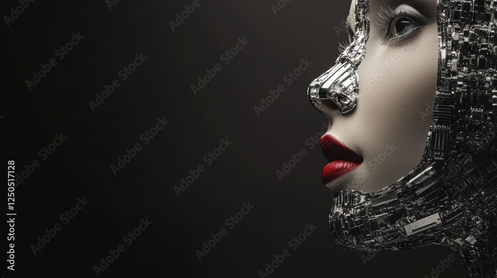 A close-up of a humanoid robot's face adorned with intricate metallic ...