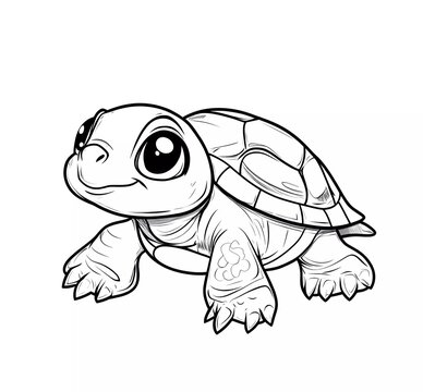 Cute cartoon baby turtle coloring page for kids, simple line art style, white background, clear outline, no dither, no gradient, strong outline, vector illustration, low detail. 