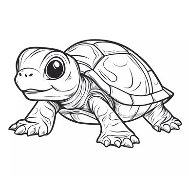 Cute cartoon baby turtle coloring page for kids, simple line art style, white background, clear outline, no dither, no gradient, strong outline, vector illustration, low detail. 