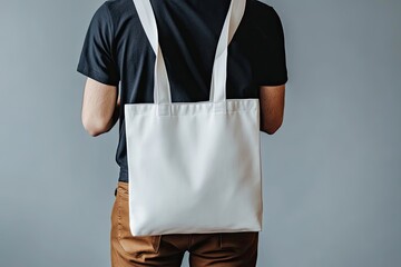 Wall Mural - Man carrying blank tote bag, studio backdrop