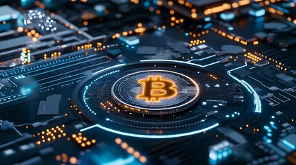 Poster - A Futuristic View of Bitcoin on a Digital Circuit Board with Glowing Elements