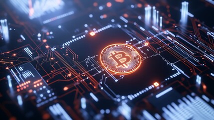 Poster - A Futuristic View of Bitcoin on a Digital Circuit Board with Glowing Elements