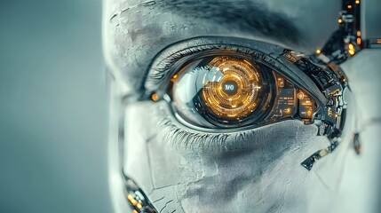Poster - Close up detailed view of a cyborg eye with advanced bionic and digital technology featuring futuristic sensors circuits and composite materials