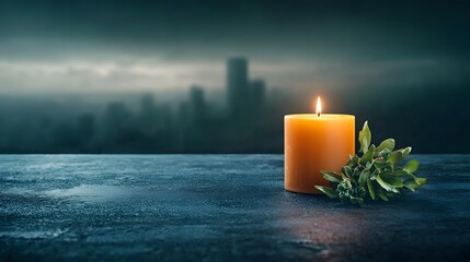 Poster - Dramatic and moody image of a single lit candle flame reflected on the frozen surface of a serene winter lake set against a backdrop of a cloudy overcast sky with a gloomy atmospheric vibe