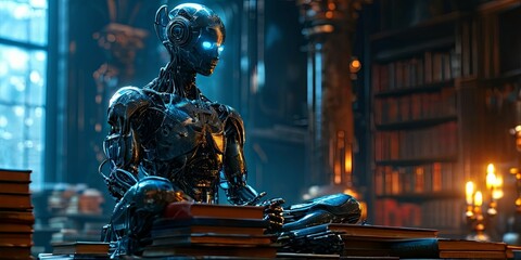 Poster - A robot is sitting on a stack of books