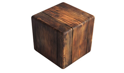 Dark wood cube, rustic texture, isolated background, design element