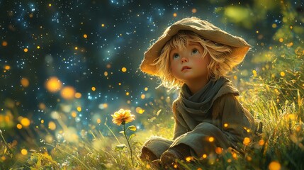 Poster - A Child's Gaze: Wonder and Light in a Mystical Meadow, with a touch of magic and whimsical charm under a canopy of stars and glowing fireflies.