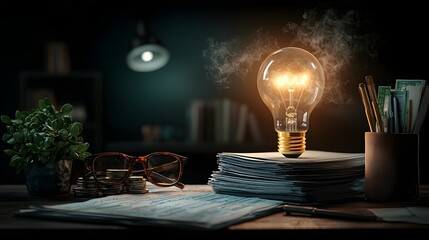 Poster - Illuminating the Path to Productivity A Workspace Brimming with and Potential  This image captures a cozy and intentionally designed desk setup complete with a glowing light bulb a laptop