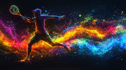 Leinwandbilder - Dynamic Tennis Player in Motion: A Vibrant Display of Energy, Skill, and Artistic Splendor on the Court with Explosive Color and Powerful Movement.