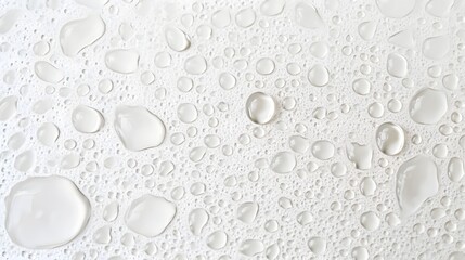 Poster - Isolated Transparent and Glossy Water Droplets Suspended on a Clean White Minimalist Background with Reflections and Refractions