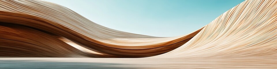 Poster - Abstract Wooden Waves:  Curving Lines & Architectural Design in Nature-Inspired Spaces,  Modern Building with Sustainable Materials