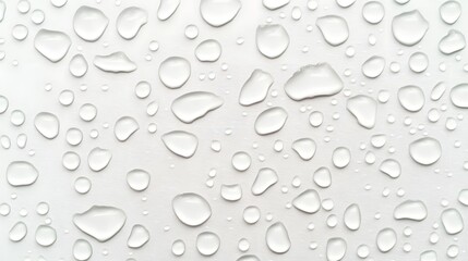 Poster - Isolated transparent water droplets with reflections and refractions against a clean white background  Minimalist and elegant abstract composition with natural fluid textures and patterns