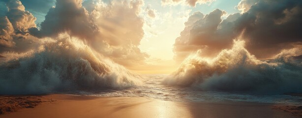Poster - Two Large Waves Split the Red Sea Creating Two Paths of Turbulent Water Against a Setting Sun and Dramatic Cloudscape