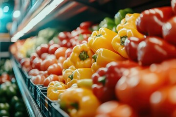 Poster - Colorful bell peppers and tomatoes on supermarket shelves.