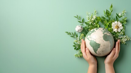 Poster - Hands holding a globe surrounded by natural elements like leaves plants and flowers symbolizing environmental protection sustainability and green living  The concept represents earth nature ecology