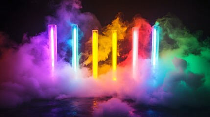 Poster - Mesmerizing abstract image featuring a display of colorful neon lights surrounded by hazy mist and vibrant smoke effects creating a captivating futuristic and ethereal atmosphere  The glowing