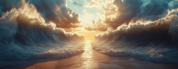 Wall Mural - Splitting Waves in the Red Sea at Sunset, Creating Two Paths Through Towering Water, Illuminated by Dramatic Clouds and Golden Light