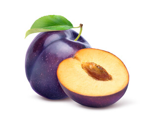 Wall Mural - plum with cut in half isolated on white background. clipping path.