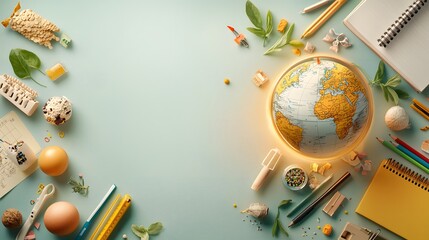 Poster - A still life composition featuring various educational and office supplies such as notebooks pens pencils rulers and a globe or map on a desk  The image represents the concepts of learning research