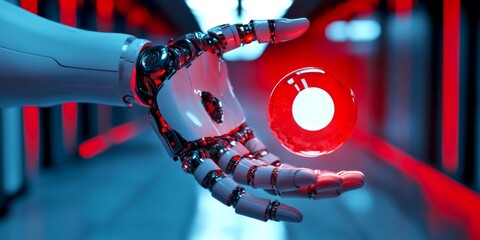 Aufkleber - A futuristic robotic hand holds a glowing red orb in an illuminated hallway. The image captures advanced technology and innovation. The style is sleek and modern. AI.