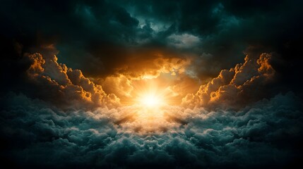 Poster - Breathtaking and dramatic cloudscape with a glowing sun bursting through the moody stormy and turbulent dark clouds  The scene has an epic cinematic