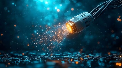 Poster - Bright explosive spark igniting a futuristic energy burst with glowing luminous beams of light against a dark abstract background  The image conveys a sense of power technology