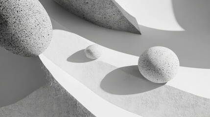 Poster - Abstract composition featuring geometric shapes, smooth stones, and subtle shadows, creating a serene minimalist environment in black and white tones for artistic backgrounds.