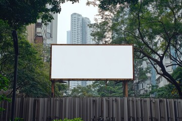 Wall Mural - Blank billboard, city backdrop, trees, urban advertising