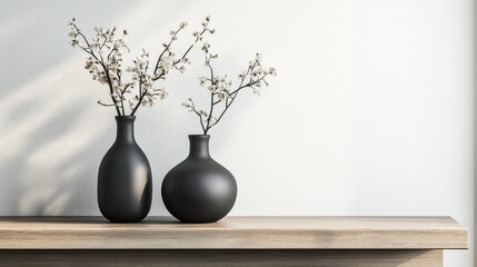 Poster - Elegant Black Vases with Blossoming Branches on a Wooden Surface Against a Minimalist Background, Perfect for Modern Home Decor and Interior Design Inspiration