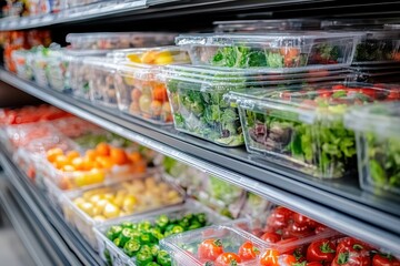 Wall Mural - Fresh produce in plastic containers on supermarket shelves.