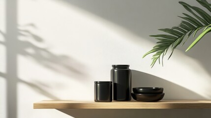 Poster - Minimalist Black Kitchenware on Wooden Shelf with Natural Light and Leafy Shadow, Modern Aesthetic for Interior Design and Home Decor Inspiration