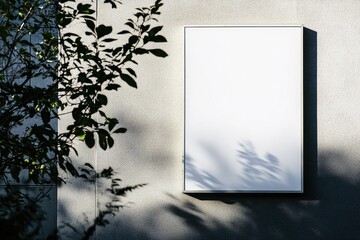 Wall Mural - Blank sign, outdoor wall, sunlight, leaves, mockup