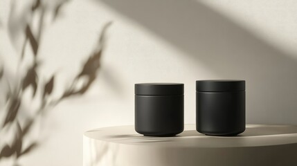 Poster - Minimalistic Black Containers on Round Beige Table with Soft Shadows and Natural Light Creating a Serene and Elegant Atmosphere in Interior Design