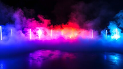 Aufkleber - Vibrant colorful lights and illumination reflecting on a misty serene lake in a dramatic moody night landscape  The scene has a captivating mystical atmosphere with a sense of energy and movement