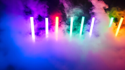 Aufkleber - Vibrant colorful neon lights and hazy smoke creating a dramatic moody lighting effect for a stage event or performance backdrop  The abstract futuristic scene has an energetic