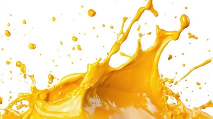 Poster - Vibrant Yellow Paint Splash Captured in Dynamic Motion on White Background Demonstrating Energy, Creativity, and Artistic Expression for Various Creative Projects