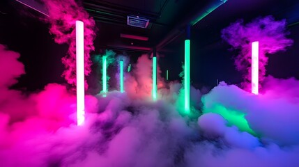 Leinwandbilder - Vibrant neon lit nightclub dance floor shrouded in thick smoke creating an immersive futuristic atmosphere with pulsating lights captivating patterns