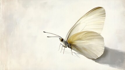 Poster - Delicate White Butterfly with Translucent Wings Resting Elegantly Against a Soft Neutral Background, Capturing the Essence of Grace and Natural Beauty